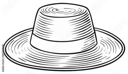 Classic wide brim straw hat monochrome line art illustration for summer fashion and travel