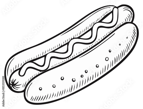 Illustration of a hot dog with mustard in a bun with dashed lines and circles