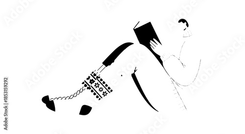Abstract black and white illustration of a person seated in a relaxed pose.