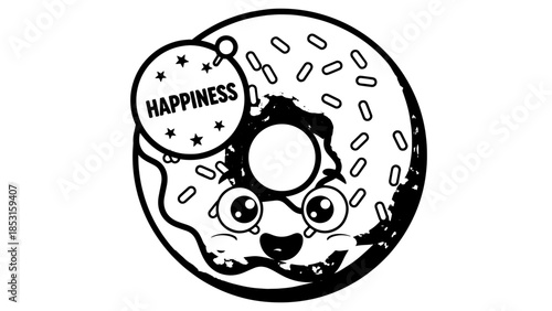 Playful cartoon hamster peeking from a sugar donut with happiness badge.
