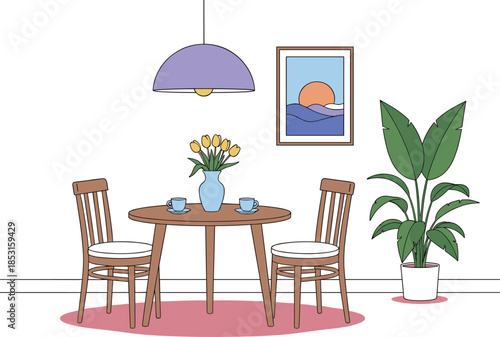 Minimalist dining room interior vector with wooden table chairs purple pendant light and potted plant in flat line art style