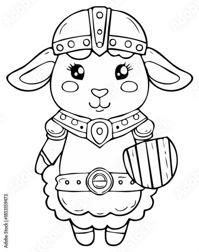 Cartoon Viking sheep illustration, wearing a helmet, armor, and holding a shield
