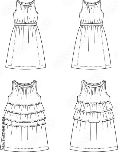 Fashion technical flat sketch set of sleeveless summer dresses with tiered ruffles and elastic waist for garment design tech packs