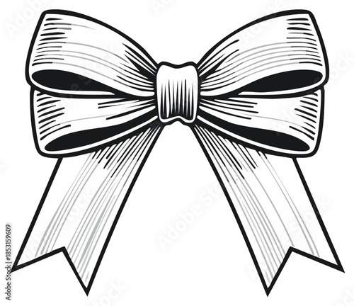 Elegant Ribbon Bow with Tails Hatching Engraved Design for Decoration or Gift Wrapping