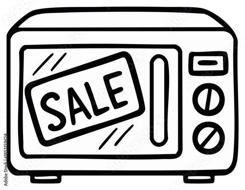 Hand drawn doodle style microwave oven displaying a prominent sale sign on its door perfect for promotions