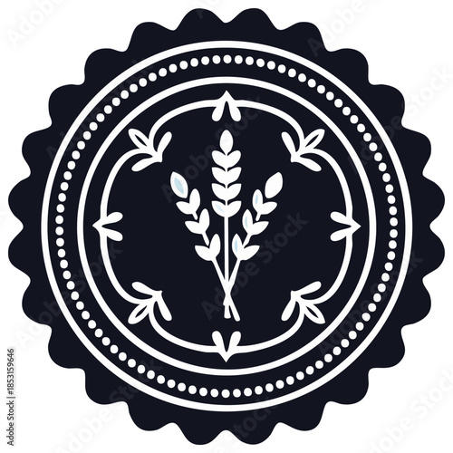 Classic wheat sheaf emblem in a round scalloped frame, agricultural vector logo