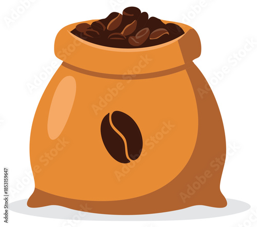Burlap sack full of freshly roasted whole coffee beans with a bean icon on the front vector illustration