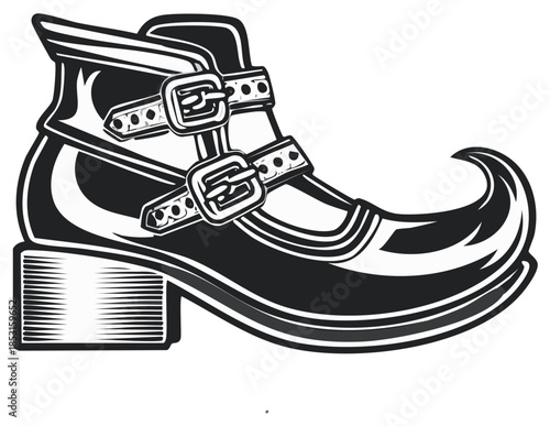 Vintage elf shoe vector design showcases a classic curved toe, buckle fasteners and a textured heel for fantasy story illustrations.