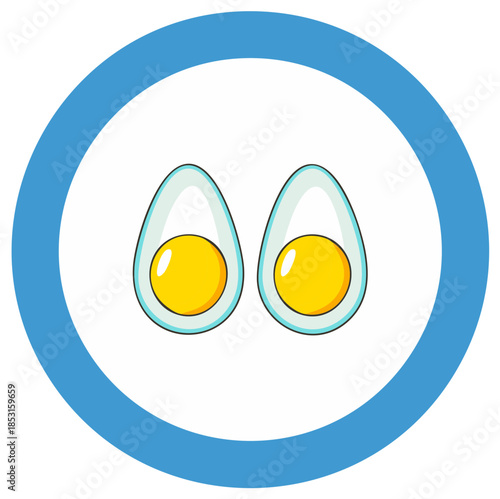 Two halves of hard boiled eggs with bright yellow yolks inside a blue circle