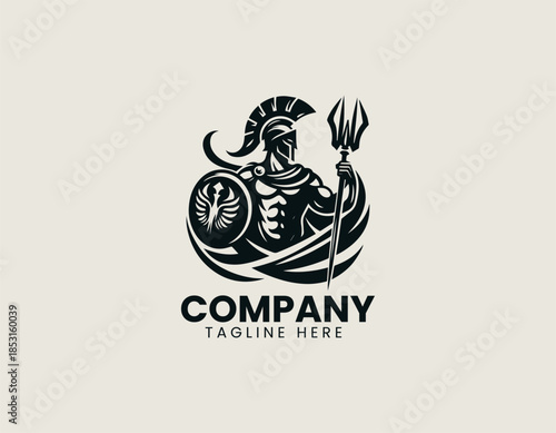 Greek spartan warrior character is illustrated as a disciplined heroic emblem in a strong black vector logo illustration