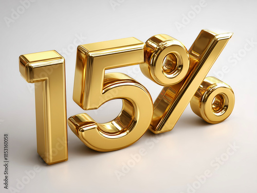 3D text of 15 percent golden material on white background.