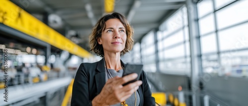 Business woamn European female operations manager holding smartphone inside logistics control room. Professional woman portrait reviewing shipment updates, banner for supply chain logistics software