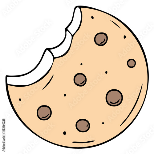 Cartoon Chocolate Chip Cookie with Bite Mark Graphic Illustration
