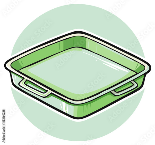 Green rectangular baking dish illustration with handles against light green circular background, kitchen ware, cooking, household, food