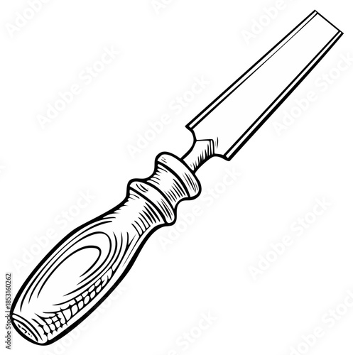 Vintage Hand Tool Illustration Isolated on White. Chisel with Wooden Handle