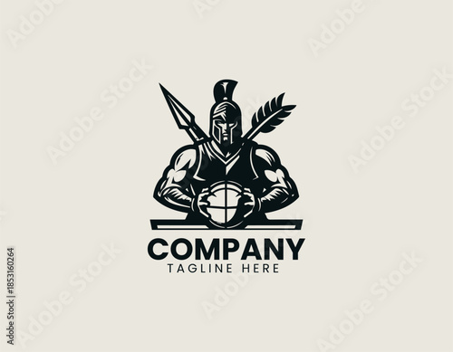 Warrior basketball character is depicted as a powerful sports emblem in a bold black vector logo illustration