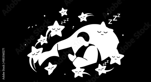Sleeping cat illustration surrounded by twinkling stars and a heart cutout.