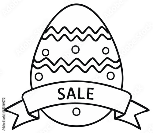 Outline illustration of a festive Easter egg with wavy patterns and a 'SALE' banner for holiday promotions