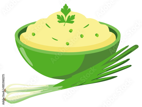 Creamy mashed potatoes garnished with parsley in a green bowl with fresh green onions beside it, vector illustration.