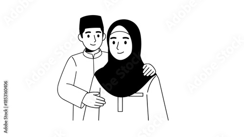 Minimal black and white illustration of an affectionate couple portrait.