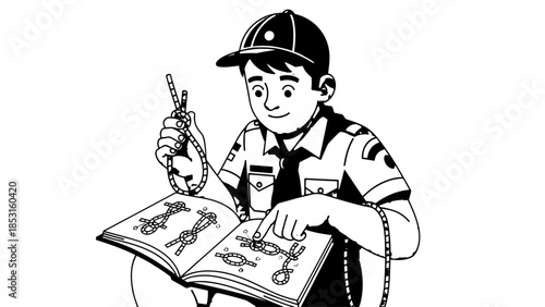 Cartoon technician studying a repair manual while holding a wrench and smiling.