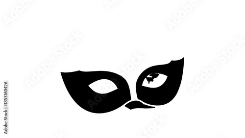 Black stylized masquerade mask graphic with visible eye on white background.