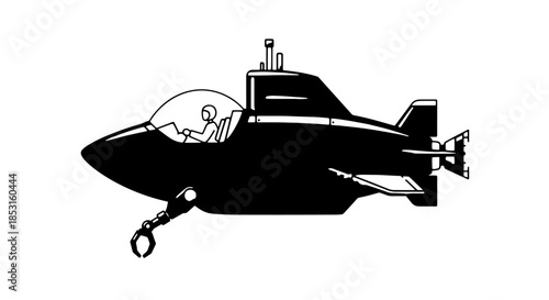 Minimal black submarine silhouette with pilot and hook.