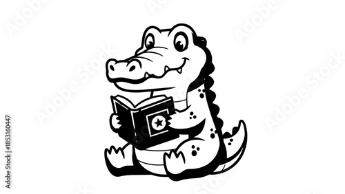Cute cartoon alligator mascot reading a book while holding a camera.