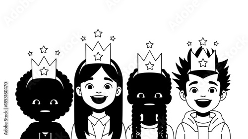 Diverse children wearing crowns and smiling illustration.