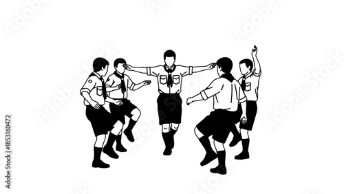 Group of men performing a traditional circle folk dance together.