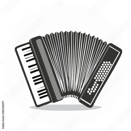 Stylized illustration of a black and white accordion musical instrument with bellows extended