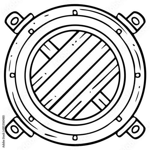 Simple Nautical Porthole Illustration: Ship window with wooden planks, cartoon line art drawing for coloring book or design element
