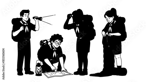 Black ink silhouettes of four youths smoking drinking and loitering in urban scene.