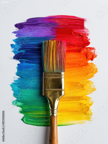 Rainbow paint brush strokes and paint brush on a white background.