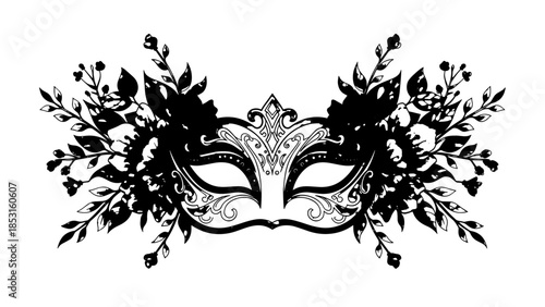 Ornate black masquerade mask with floral decorative flourishes.