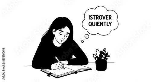 Monochrome illustration of a person journaling with an introspective thought bubble.