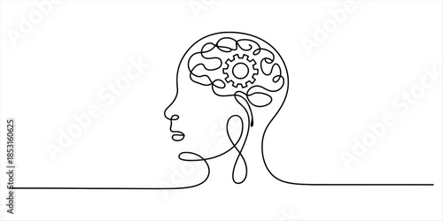 Continuous line drawing representing the mechanical process of thought and problem solving Vector, illustration