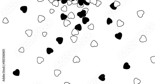 Black and white scattered heart confetti pattern on white background.