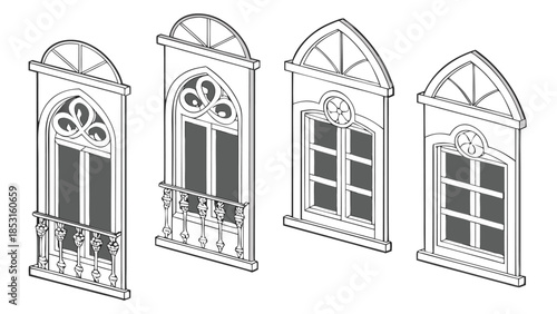 Vector illustration three ornate windows with decorative details and railings