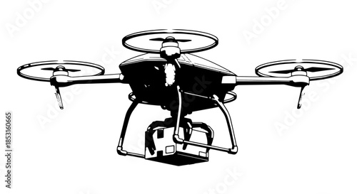 Black and white illustration of an aerial quadcopter drone carrying a camera.