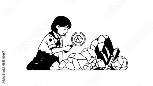 Forensic investigator examining rocky evidence with a magnifying glass.