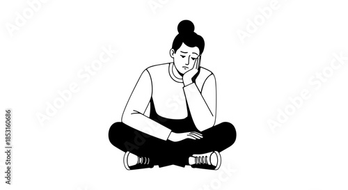 Monochrome illustration of a person sitting cross-legged and appearing thoughtful.