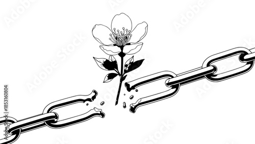 Delicate flower breaking heavy chain representing resilience and liberation.