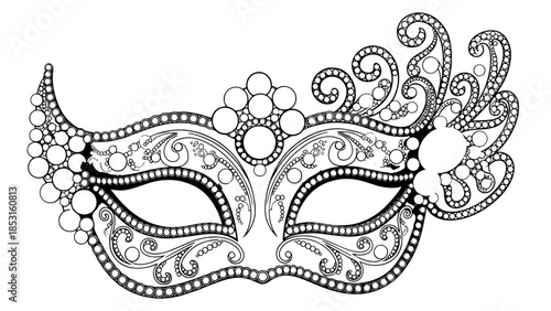 Ornate hand-drawn Venetian masquerade mask with floral embellishments and filigree details.