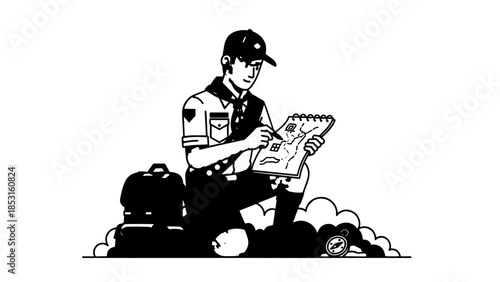 Black and white illustration of an officer writing a report while kneeling.