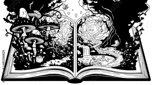 Open book releasing a magical monochrome fantasy landscape scene.