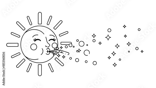 Whimsical smiling sun with face blowing stars and magical sparkles across the sky.