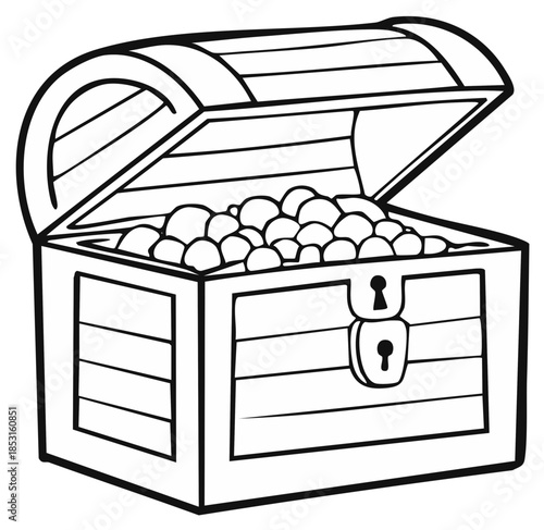 Treasure Chest Overflowing with Gold Coins, Antique Wooden Box, Cartoon Style, Outlined Illustration