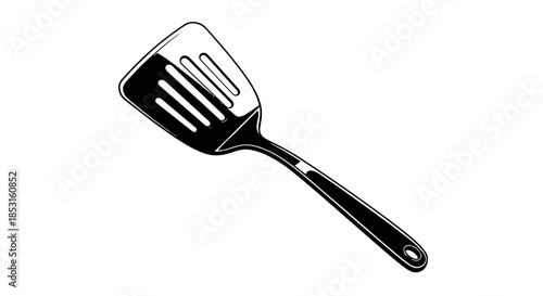 Minimal black and white spatula utensil with a slotted head for flipping and cooking.