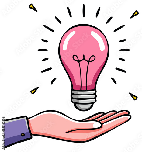 Cartoon illustration showing bright glowing pink light bulb hovering above a hand suggesting inspiration and new ideas